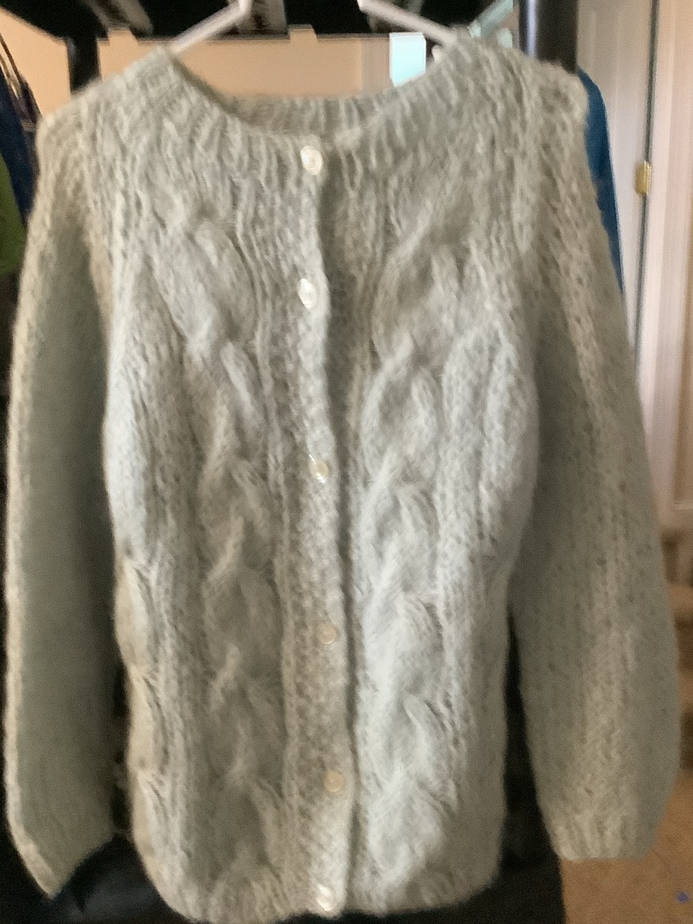 Soft Light Gray Cable-Front Women's Cardigan Sweater, hand knit in Italy